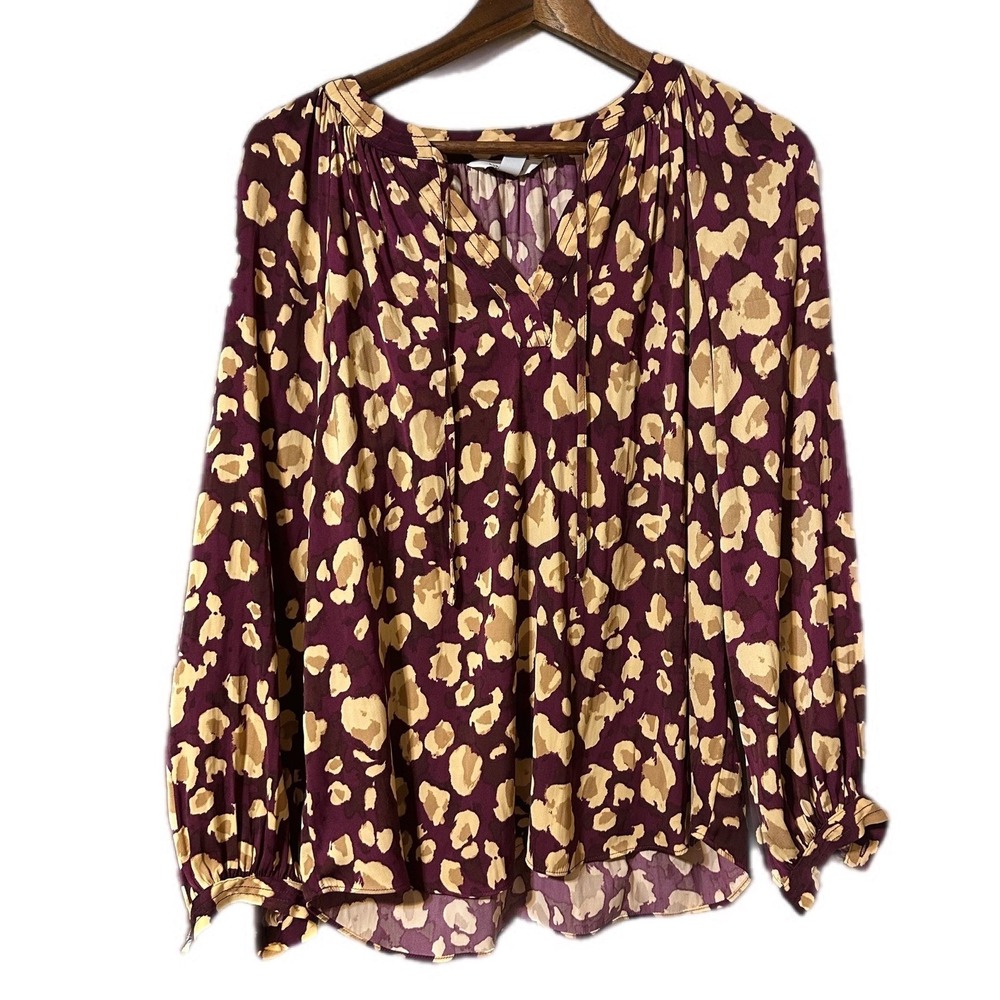 NINE WEST Womens Cheetah Print Blouse Long Sleeve Button‎ Neck Top Medium